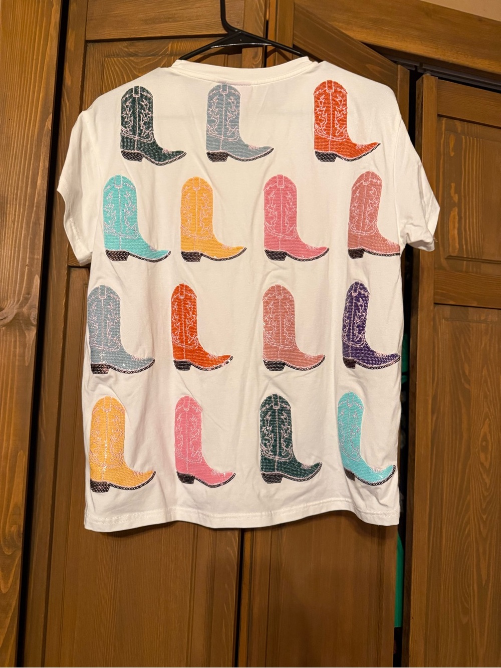 Sequin Cowboy Boot Graphic Tee Western Statement T-Shirt - Picture 2 of 4